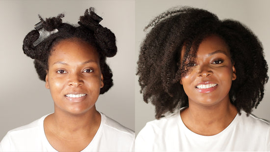 Vorher-Nachher-Aufnahme einer Frau mit krausem Haar, die Bouclème-Produkte verwendet
