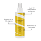 Curl Defence Spray Grafik, die die Vorteile des UV- und Hitzeschutzes des Sprays für Locken, die den sommerlichen Elementen ausgesetzt sind, hervorhebt