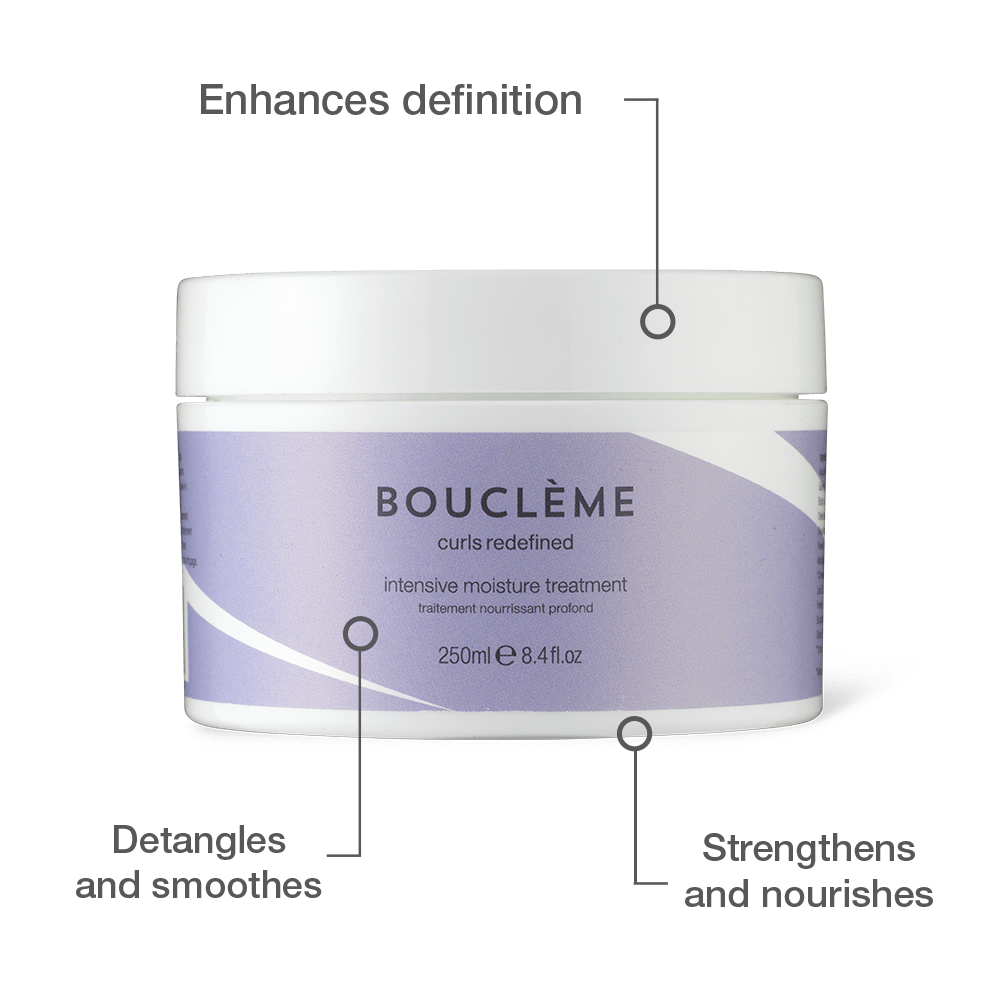 Intensive Moisture Treatment Grafik, die zeigt, wie die Creme die Definition verbessert, lockiges Haar entwirrt und glättet und trockene Strähnen stärkt und auffüllt  
